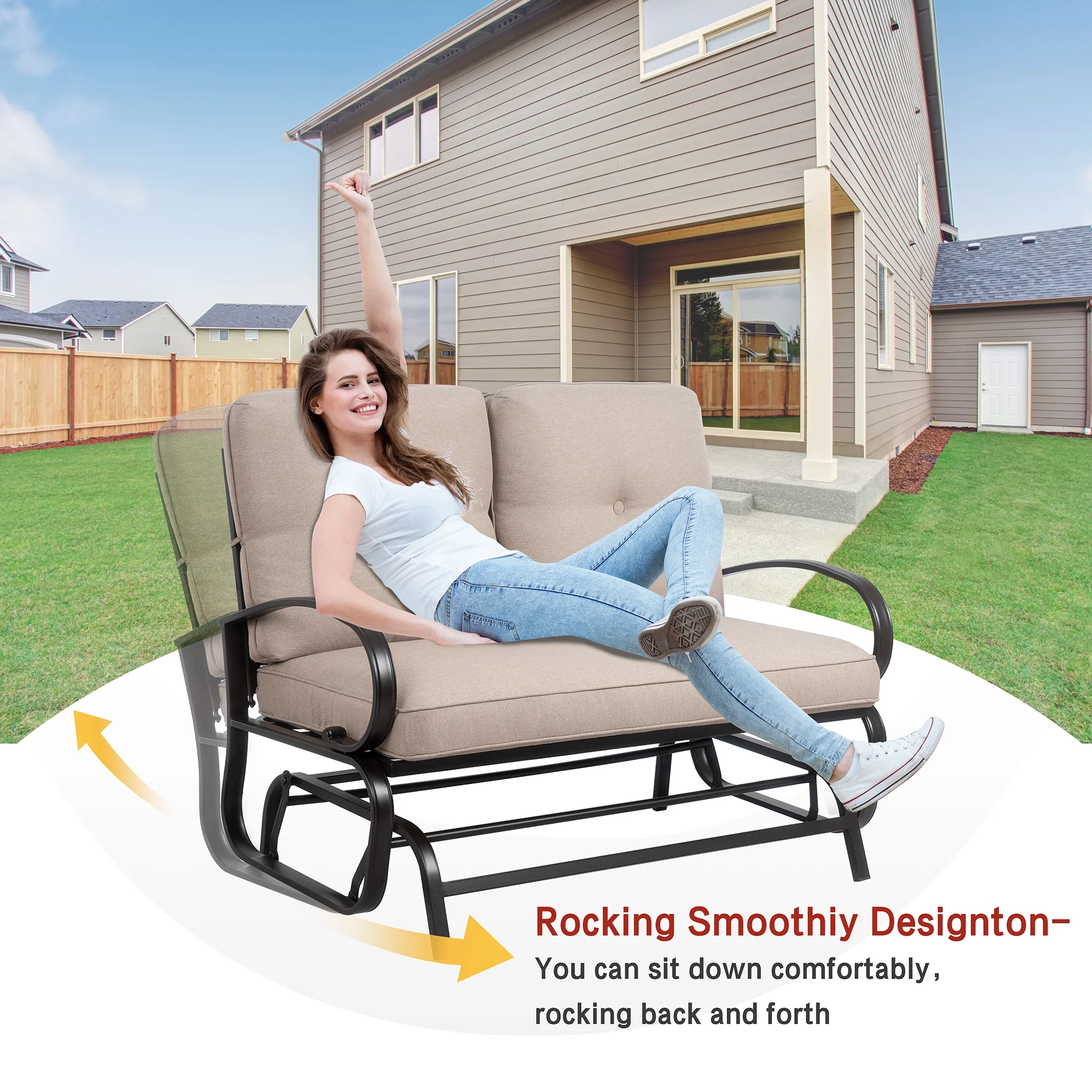 Outdoor Patio Metal Swing Glider Rocking Bench,Garden Loveseat Porch Furniture Glider, Steel Frame Chair Set with Cushion khaki - Radiant Selections