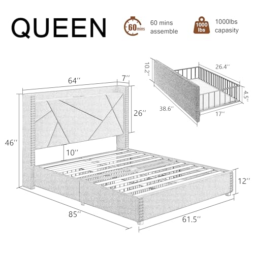 Upholstered Queen Bed Frame with 4 Storage Drawers, Platform Bed Frame with Charging Station, Modern Geometric Wingback Headboard