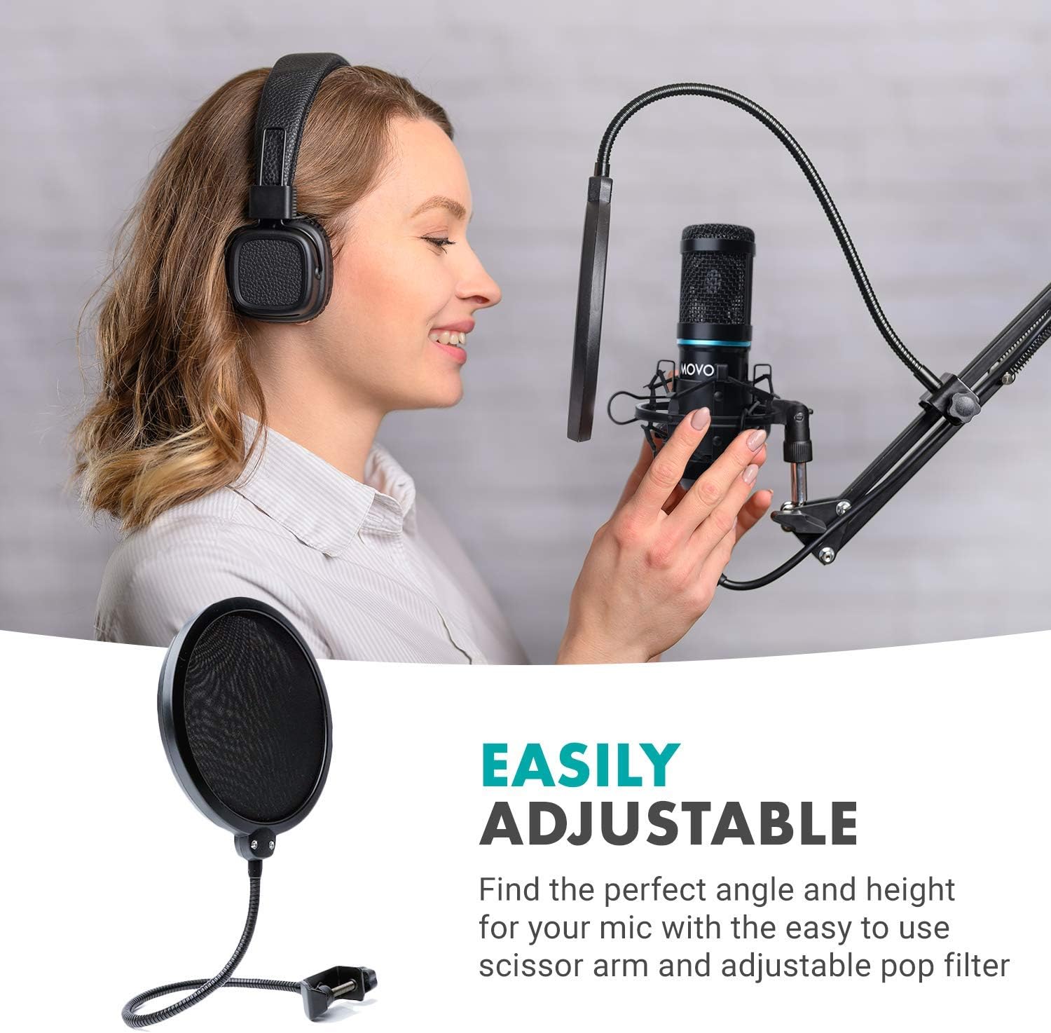 Movo 2-Pack Universal Cardioid Condenser Microphone Kit with Articulating Scissor Arm Mic Stand, Shock Mount and Gooseneck Pop Filter