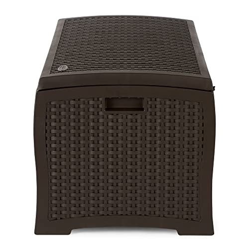 Suncast Outdoor Storage Box - 73 Gallon Mocha Brown Deck Box for Patio, Waterproof Outdoor Storage Bench, Resin Wicker Style, Heavy-Duty