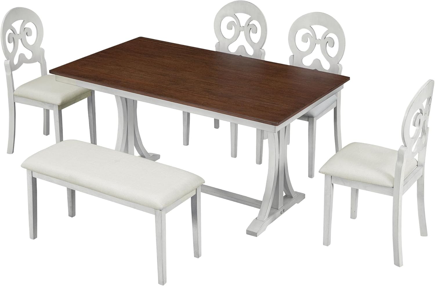 Mid-Century 6-Piece Trestle Table Set with Victorian Round Upholstered Dining Chairs,Vintage Wooden Rectangular Tabletop w/Long Bench