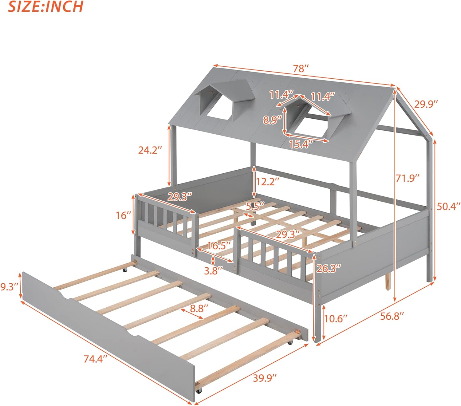 Petfu Double Bed Wood/Twin Bed, Ground Deck Bed/Cottage/Sofa Bed/Folding Roller Bed with Double Bed Castor, Double Bed Frame, with Safety Bar