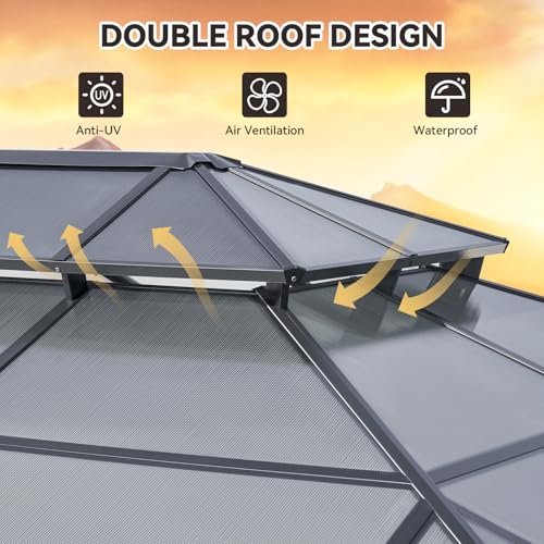 Aoxun 12'x16' Hardtop Gazebo, Aluminum Frame Permanent Pavilion with Netting and Curtains, Outdoor Polycarbonate Double Roof Canopy