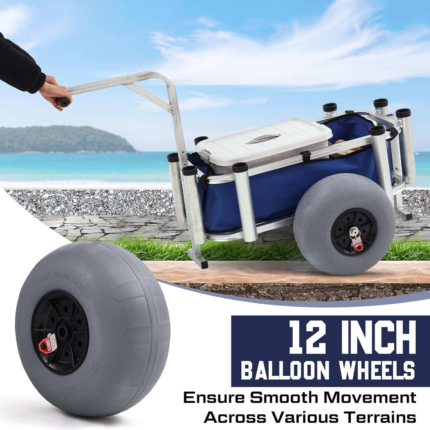 Beach Fishing Cart Balloon Wheels Balloon Tire Surf Outdoor Heavy Duty Aluminum Fishing Rolling Wheel Wagon Beach Cart with Large Wheels for Fishing