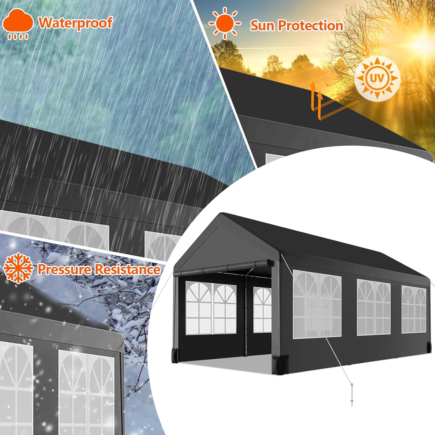 12 * 20 Heavy Duty Carport Canopy, Portable Car Tent Garage with 6 Roll-up Windows and All-Season Tarp Cover, Metal Roof & 4 Sandbags for Car, SUV
