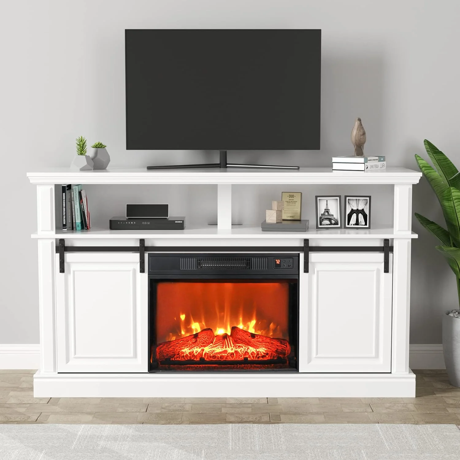 LGHM Fireplace TV Stand, Modern Farmhouse Wood Entertainment Center for 65" TV