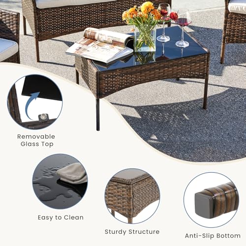 DUMOS Patio Furniture Set 4 Pieces, Outdoor Wicker Furniture with Coffee Table, Modern Rattan Patio Chairs Conversation Sets with Sofa for Garden