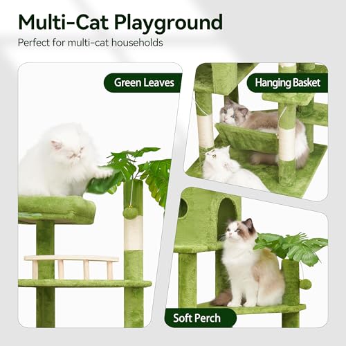 77in Cat Tree with Leaves for Indoor Cats Large Adult,Tall Cat Tower with Scratching Post, Large Cat Tree with Two Cat Condos, Soft Hammocks