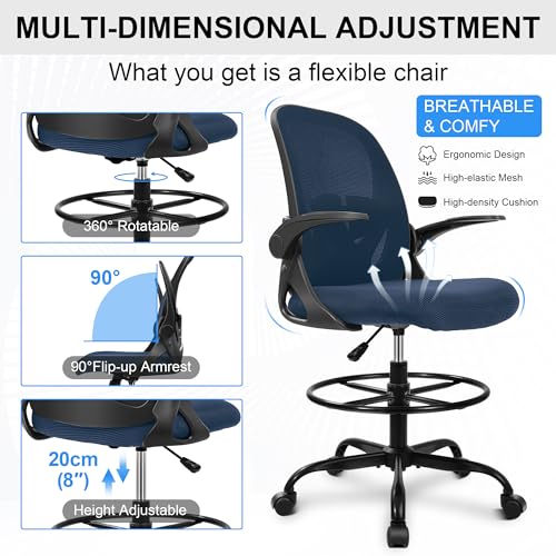 Primy Drafting Chair Tall Office Chair with Flip-up Armrests Executive Ergonomic Computer Standing Desk Chair with Lumbar Support and Adjustable