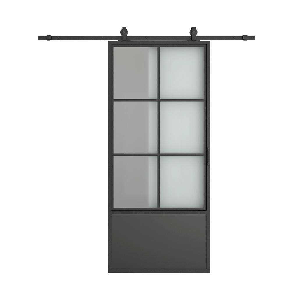 CALHOME 37-in x 84-in Black Glass Steel Single Barn Door