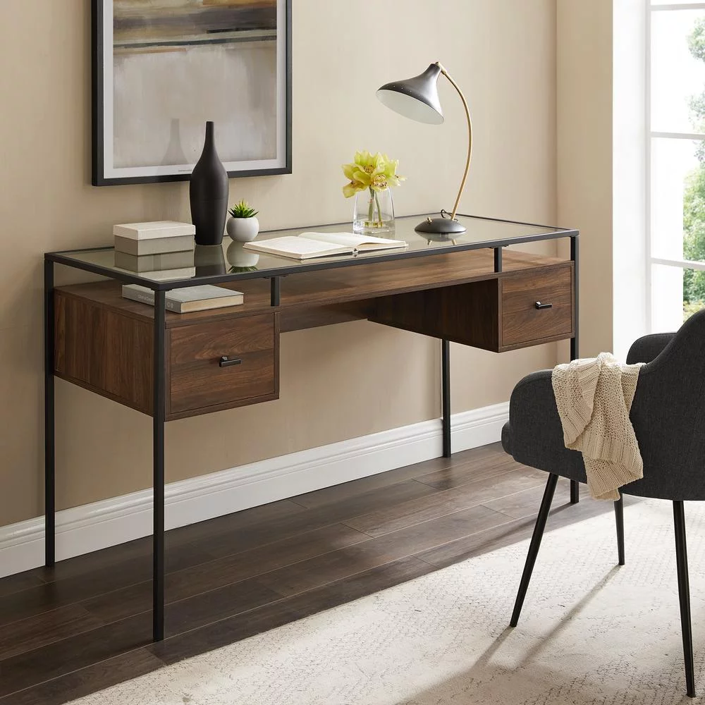 Fulton 56" 2-Drawer Lifted Tempered Glass Top Desk in Dark Walnut