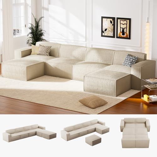 Marsail 142" Oversized Deep U Shaped Modular Sofa, Corduroy Cloud Couches with Deep Seats and High-Back Design
