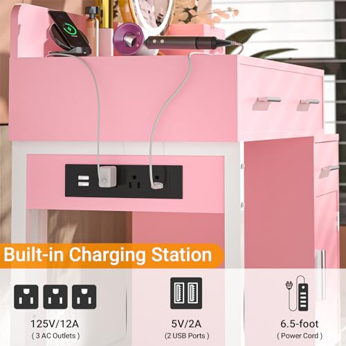Vanity Desk with 4 Storage Drawers - Modern Makeup Vanity Table with Charging Station
