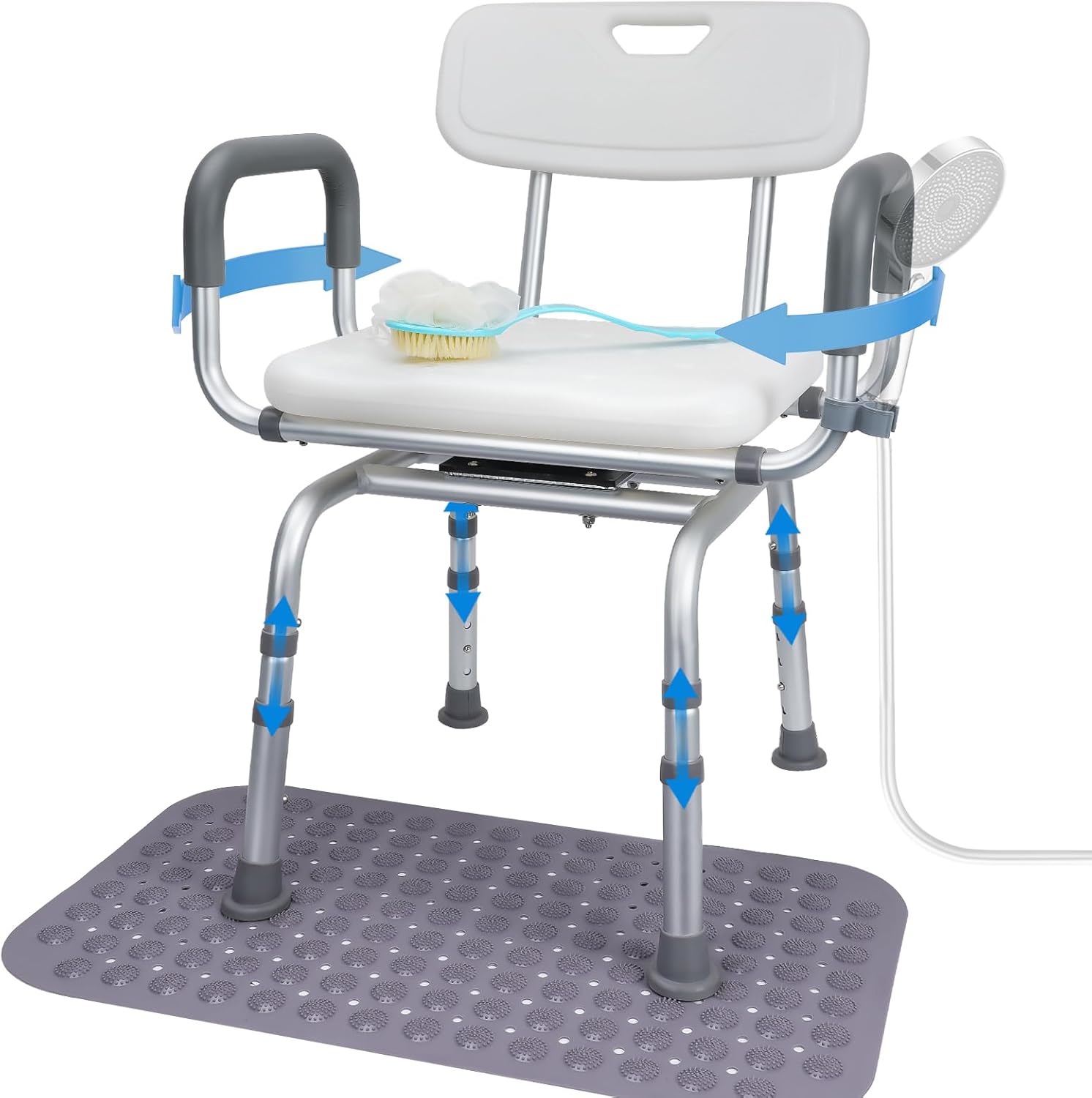 LUNYEE 360° Swivel Shower Chair for Elderly and Disabled Support 400lbs Non-Slip Sliding Shower Chair for Inside Shower with Bath Rug & Back Scrubber