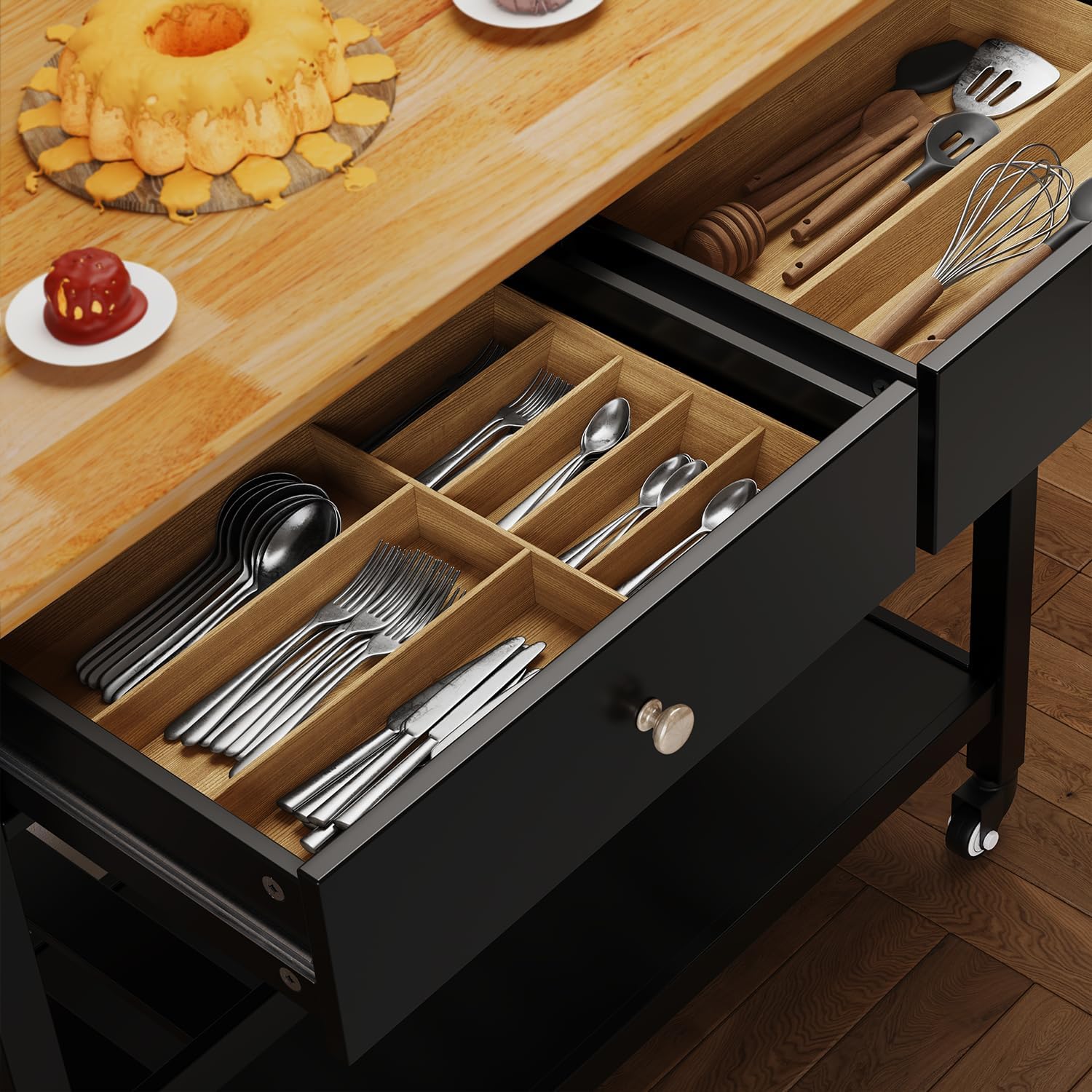 Gizoon Kitchen Island Cart with Storage, 40’’ Wooden Top, 2 Tiers Spacious Shelves and Towel Bar