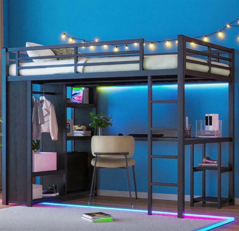 Bellemave Queen Size loft Bed with L Desk, Wardrobe, Metal Queen Loft Bed Frame for Adults, Kids, Teens, Black