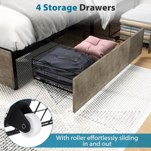 Queen Size Bed Frame with 4 Storage Drawers, LED Platform Bed with Headboard, Built in Charging Station, Noise Free, Stable and Solid