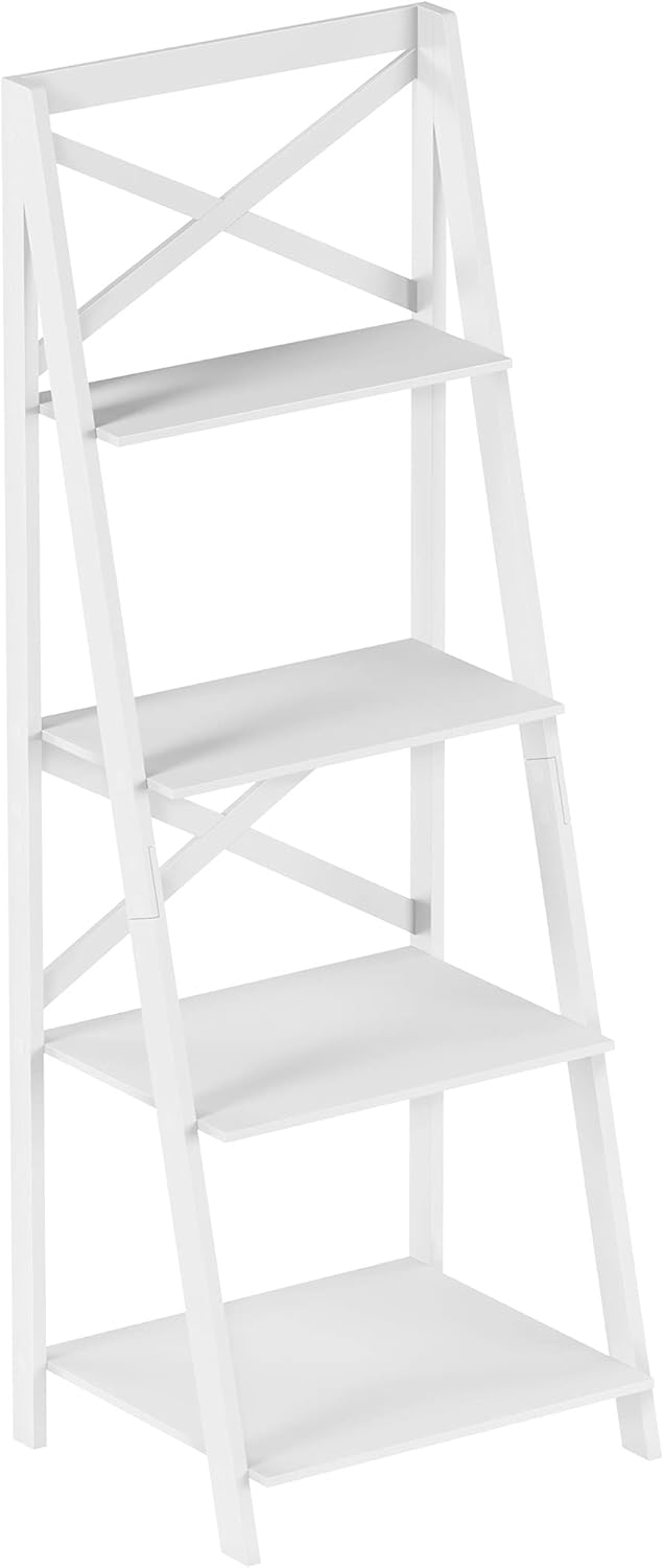 4 Shelf Ladder Bookshelf - Free Standing Tiered Bookcase, X Back Frame and Leaning Look Decorative Shelves for Home and Office by Lavish Home (Gray)