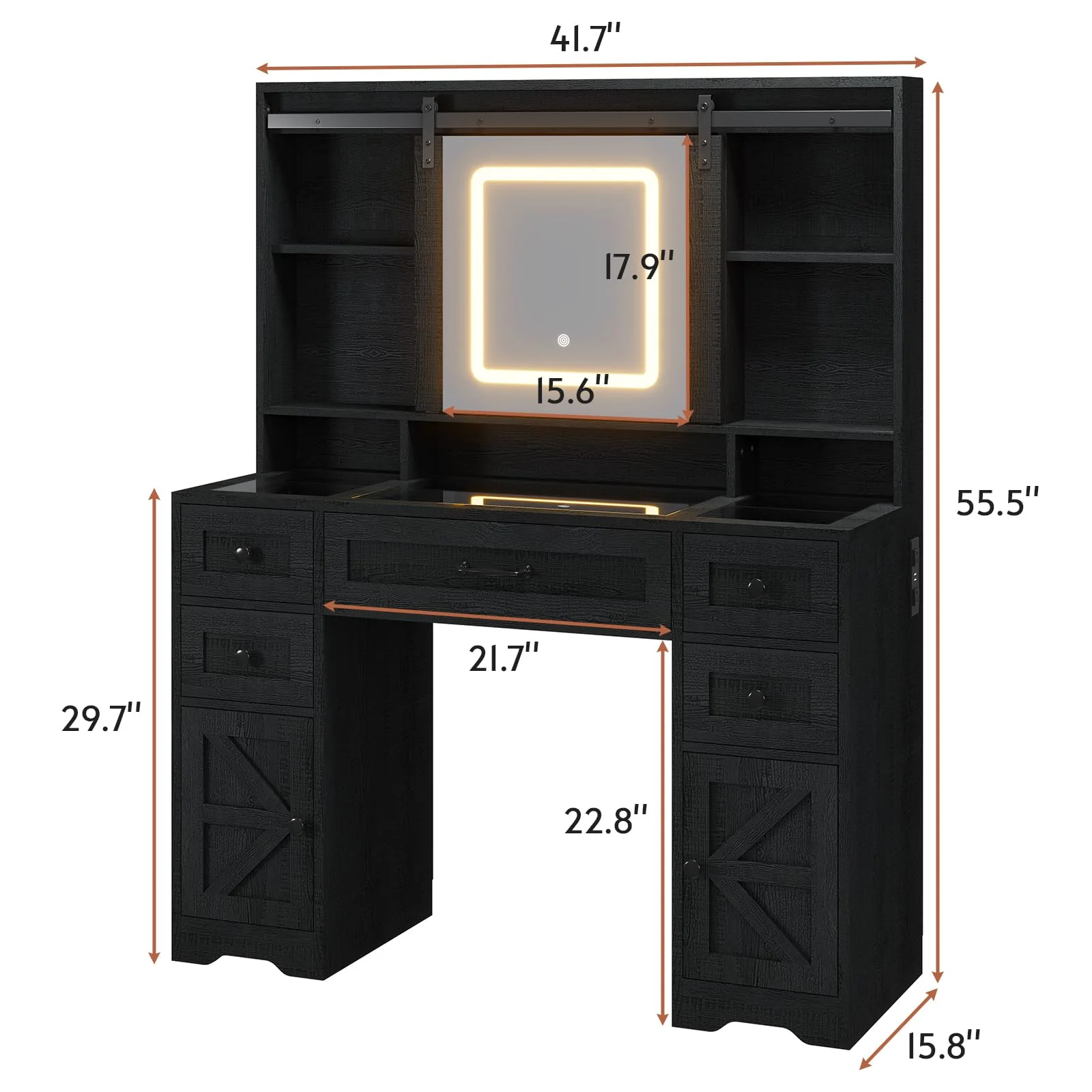 Afuhokles Vanity with Lighted Mirror, Glass Top Vanity Desk with Charging Station, Large Makeup Table with 5 Drawers, Black
