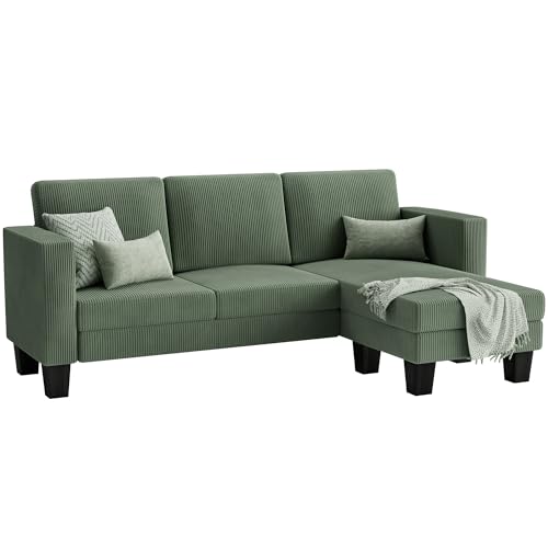 YESHOMY L-Shaped Convertible Sectional Sofa 3 Seater with Corduroy Fabric, Complete with Mobile Footrest, for Living Room, Apartment and Office, 70"