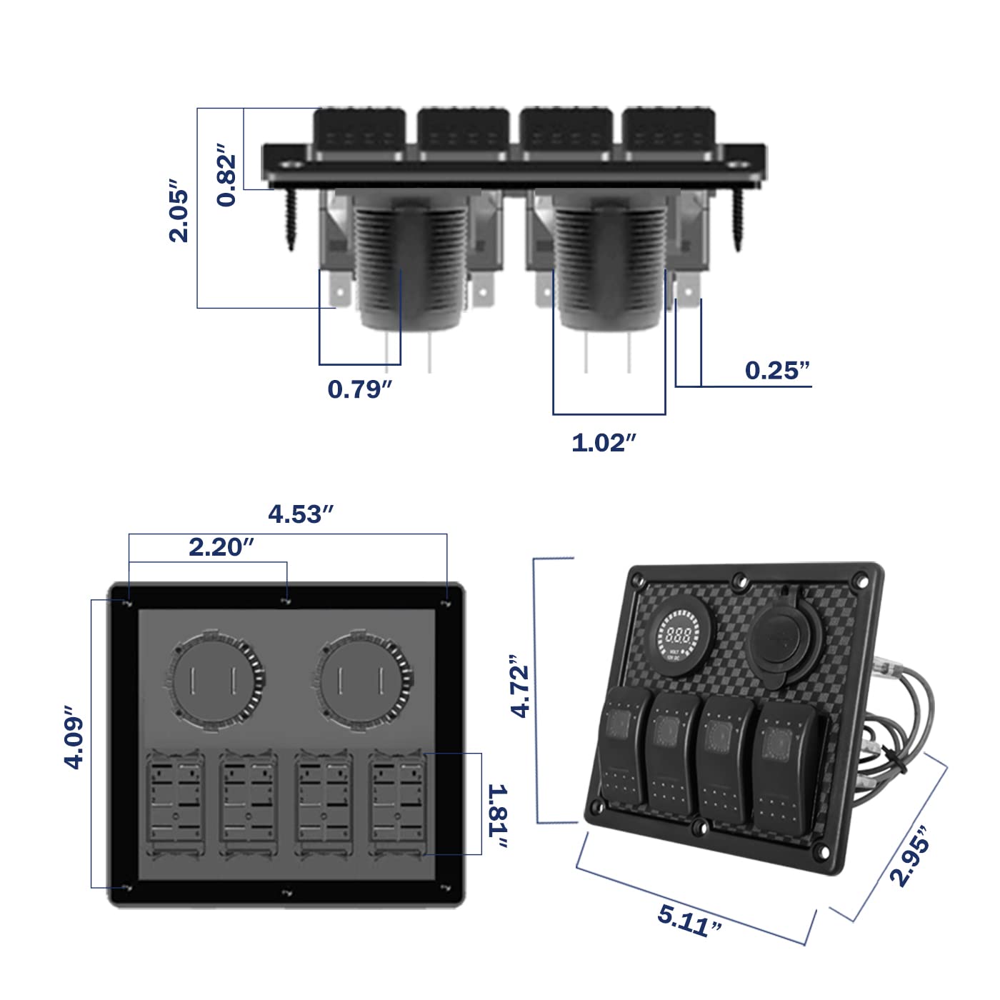 Blue 4 Position Rocker Switch Contura Panel, DC 12V 10/20 Amp 5 Pin On Off Switches, Dual 4.2A USB Port and Color Display Volt Gauge