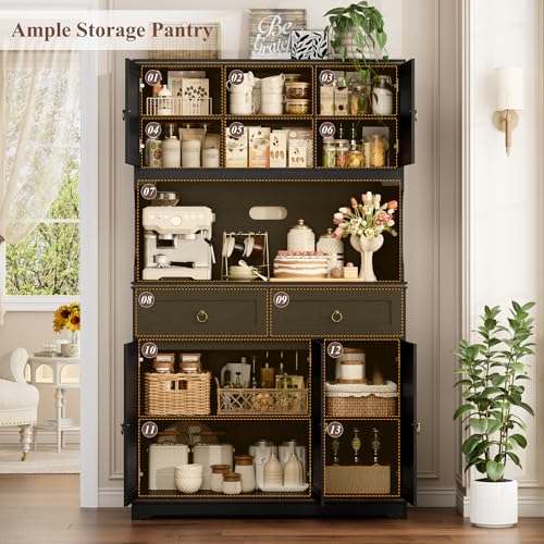 HOSTACK Large Kitchen Pantry Cabinet with Charging Station, 71" Kitchen Hutch Cabinet with Storage Drawers and Countertop
