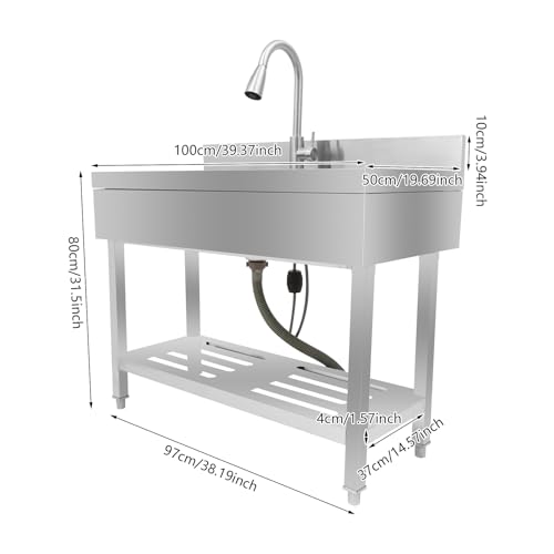 Stainless Steel Kitchen Sink 50L Freestanding Single Bowl Utility Sink with Cold and Hot Water Pipe and Pull-Out Faucet Utility Washing Hand Basin