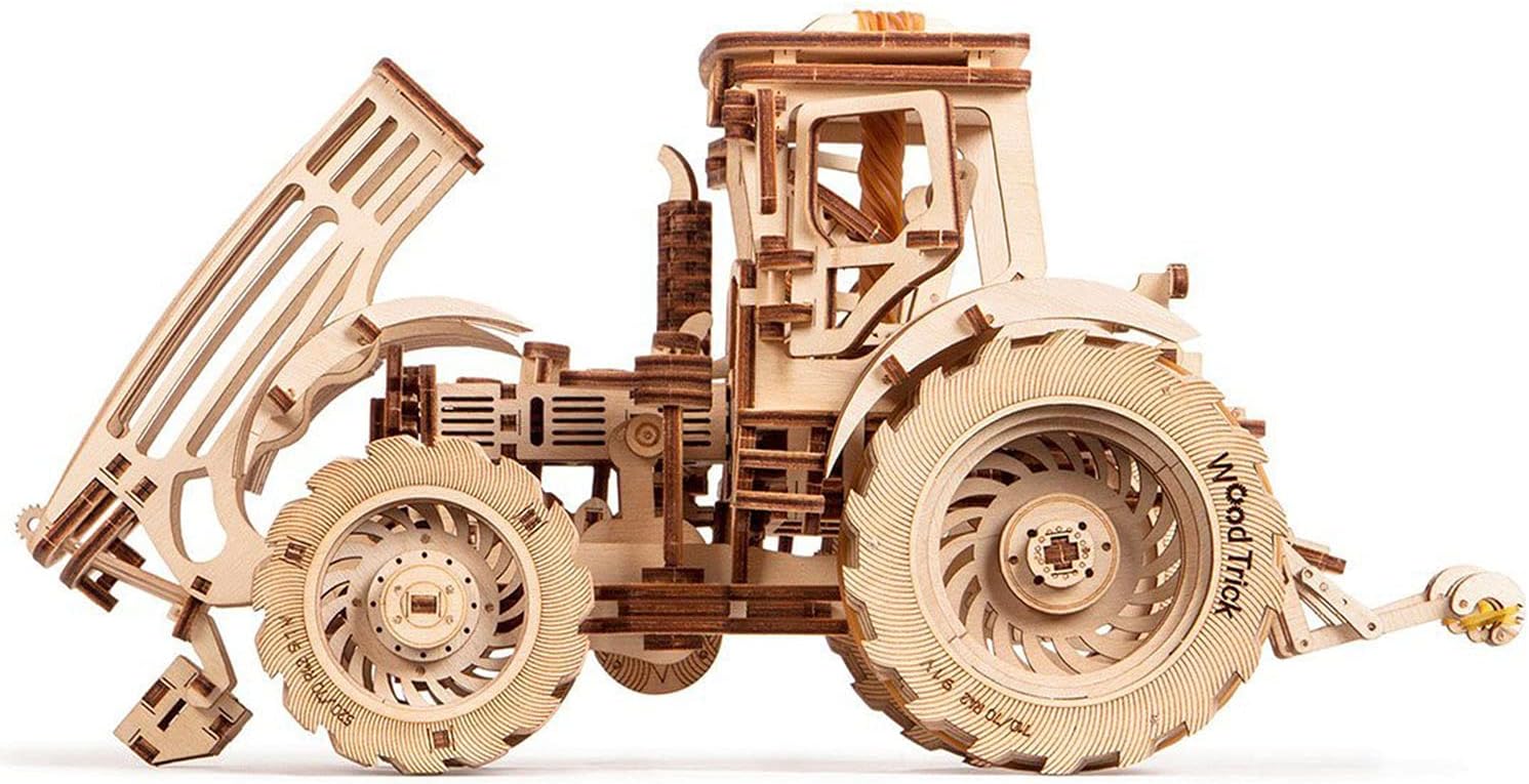 Wood Trick Wooden Mechanical Tractor Model Kit to Build for Adults and Kids - 11x7&Prime; - Detailed and Sturdy - Rubber Band Motor - 2 Speeds
