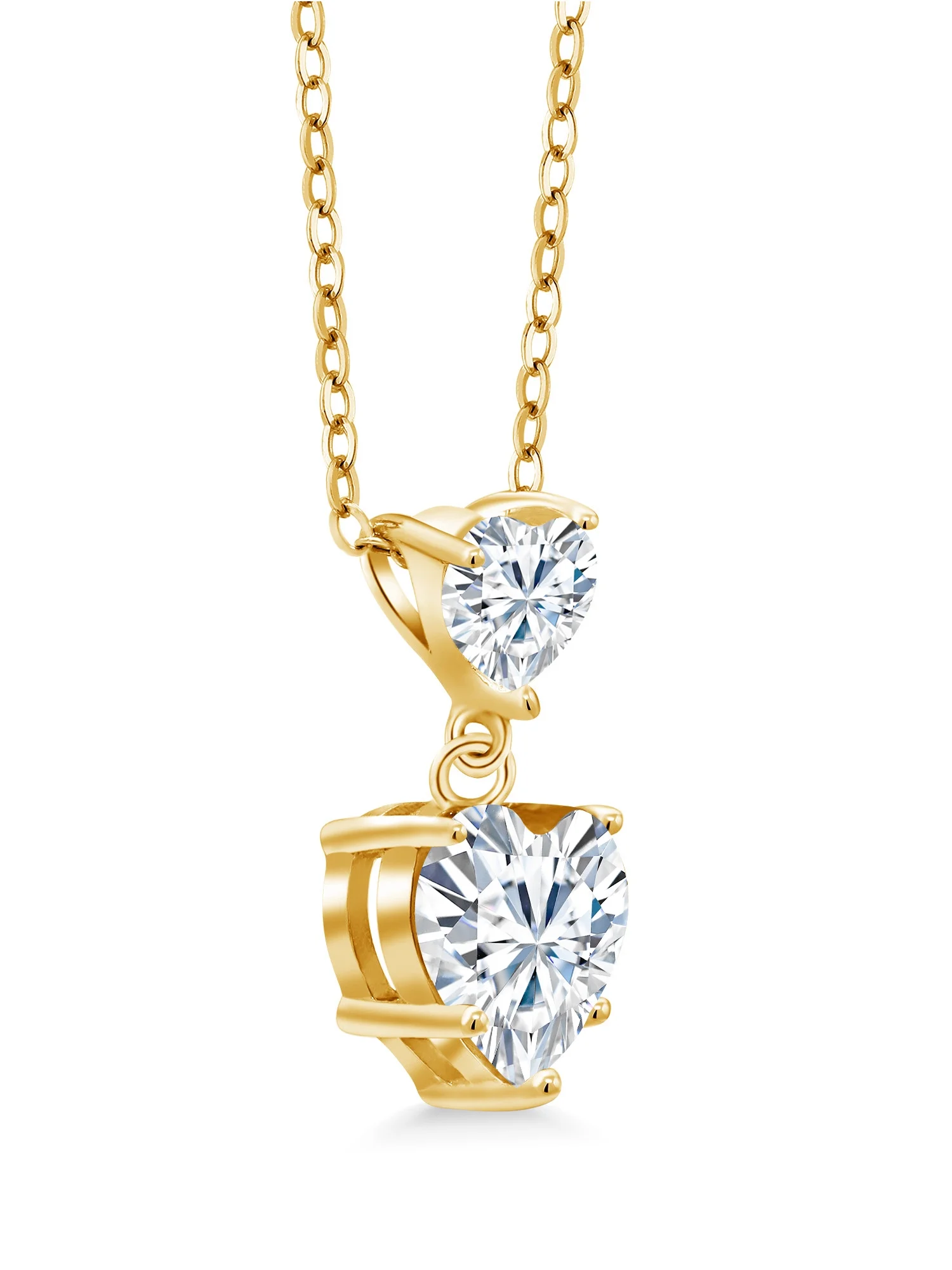 Gem Stone King 18K Yellow Gold Plated Silver White Moissanite Double Heart Pendant Necklace For Women (2.22 Cttw, Heart 8MM and 5MM