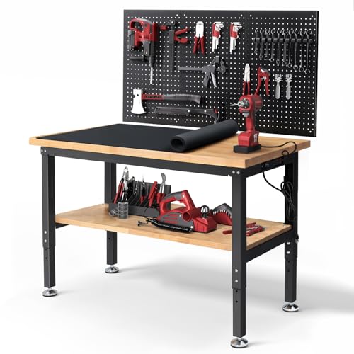 48 Inch Work Table for Garage Adjustable Height Rubber Wood Tabletop Workbench with Storage Work Bench Table with Power Outlets Pegboard Pad for