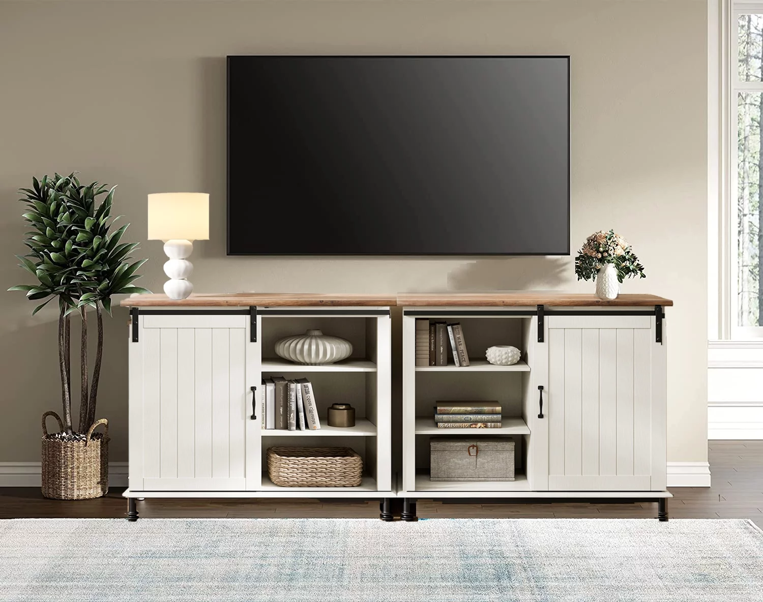 WAMPAT 70" Farmhouse TV Stand with Sliding Barn Door,LED Entertainment Center for Living Room, Storage Buffet Cabinet