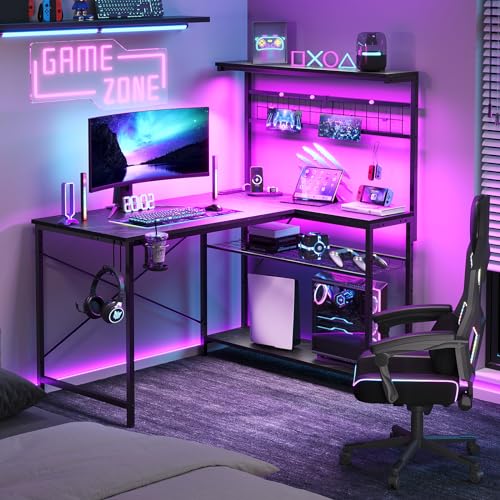 Bestier 42 L Gaming Desk,Computer Desk with Power Outlets, LED Lights, Reversible Corner Desk with 4-Tier Shelves,Cup Holder & Hook Carbon Fiber Black