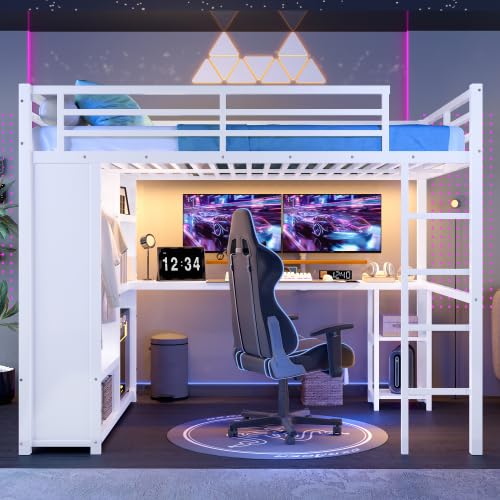 Metal Loft Bed with Wardrobe and L-Shaped Desk, Full Size Loft Bed with Storage Cubes and Shelves, Heavy Duty Loft Bed for Kids Teens, White