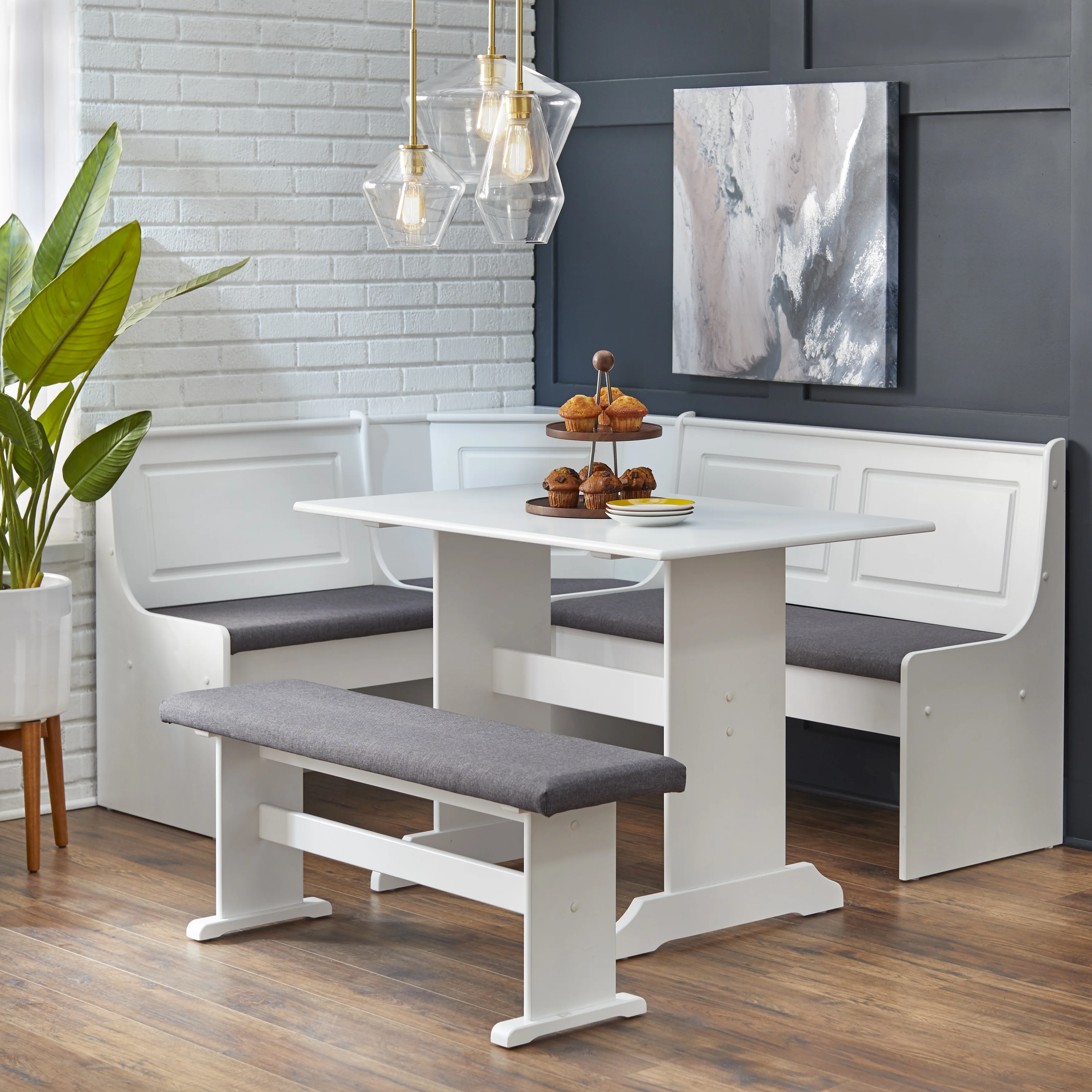 TMS Polly 3-Piece Upholstered Dining Nook Set, White Finish with Gray Upholstered Seat Cushions - Radiant Selections