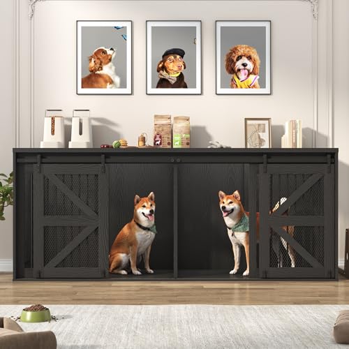 87In Farmhouse Dog Crate TV Stand, Wooden Dog Kennel Furniture with Sliding Metal Mesh Barn Door, Large Dog Crate Furniture for 2 Dogs