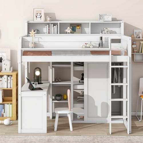 Twin Size Loft Bed with Desk, Multiple Storage Shelves and Wardrobe