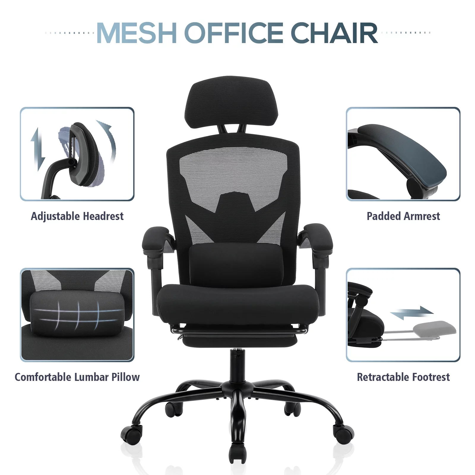 Colamy Office Ergonomic Mesh Black Computer Chair with Retractable Footrest and Head Support For Adult