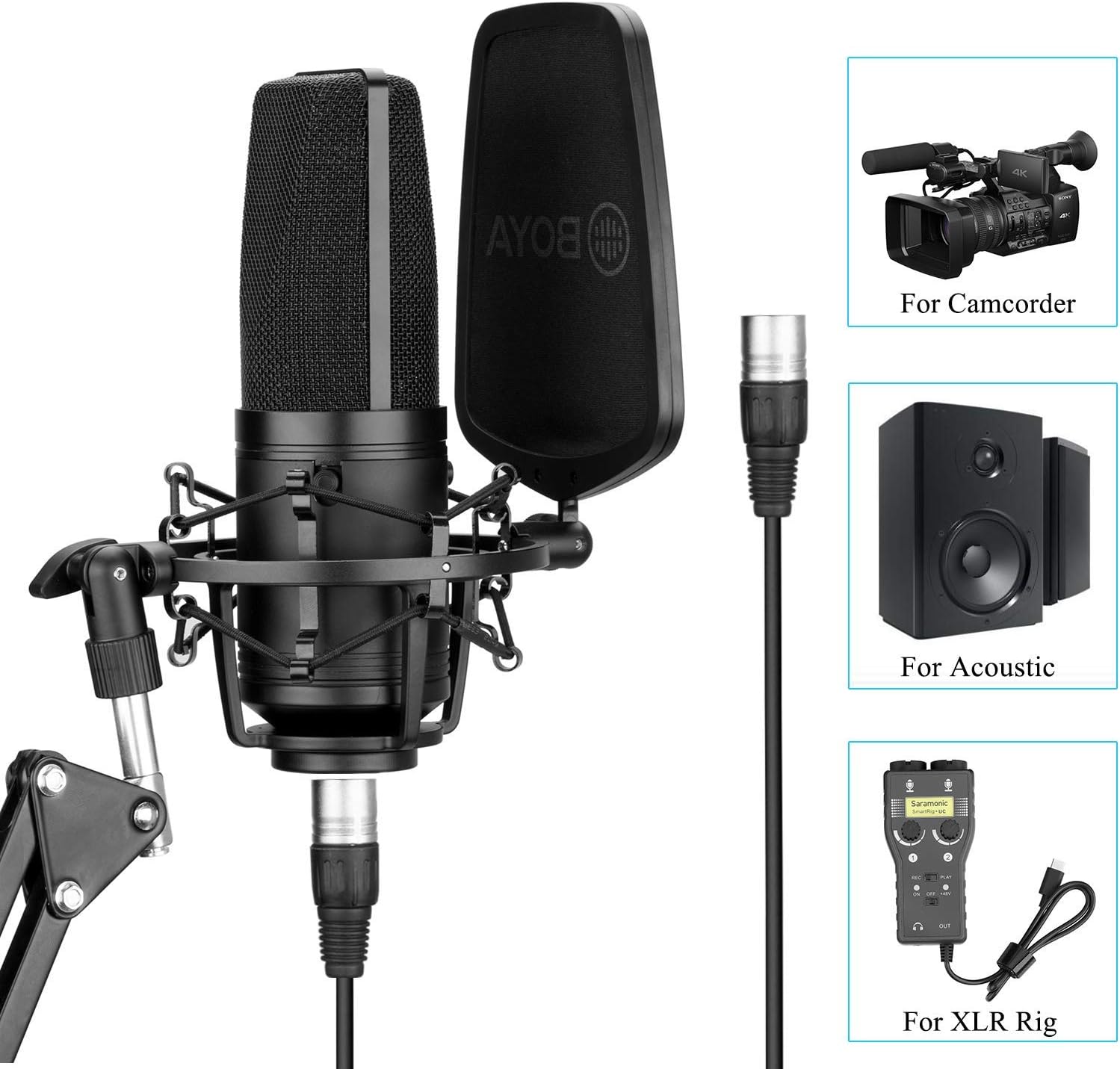 BOYA Large Diaphragm, Multi-Pattern Studio Condenser Microphone with Shock Mount, Pop Filter, and XLR Cable - Studio Microphone for Music, Vocals