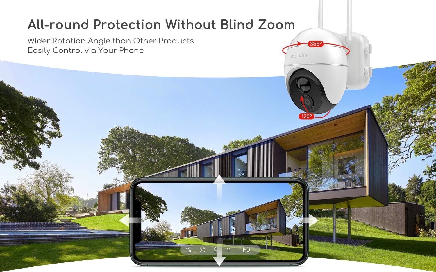 Security Camera Outdoor, Wireless WiFi 360° Pan Tilt Zoom Solar 15000mah Battery Powered Home Cameras with Night Vision, Motion Detection
