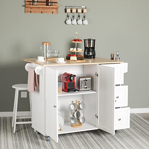 GREEN PARTY Kitchen Island on Wheels, Portable Rolling Kitchen Cart Storage Cabinet with Drop Leaf,Spice Rack, Towel Rack & Drawers-White