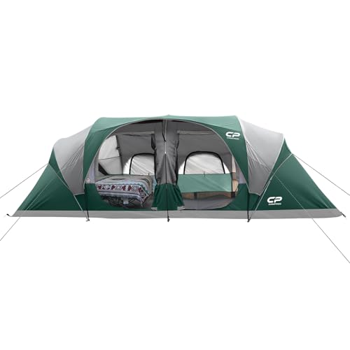 CAMPROS CP Tent 12-Person-Camping-Tents,3 Room Family Tents,Waterproof Windproof Family Tent with Top Rainfly,6 Large Mesh Windows,Double Layer