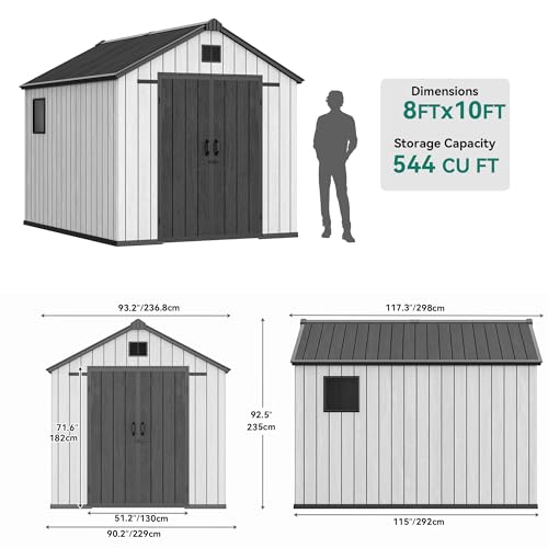 YITAHOME 8x10 FT Outdoor Storage Shed with Lockable Door, Large 544 Cuft Resin Shed with Floor Roof Windows Vents