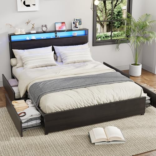 Full Size Bed Frame with Headboard, LED Platform Bed with 4 Storage Drawers, Built in Charging Station, Noise-Free, Metal Support Base