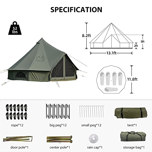 Cotton Canvas Bell Tent with Stove Jack, Roomy Yurt for Family Glamping Camping, 4 Season Tent with Zipped Removable Floor