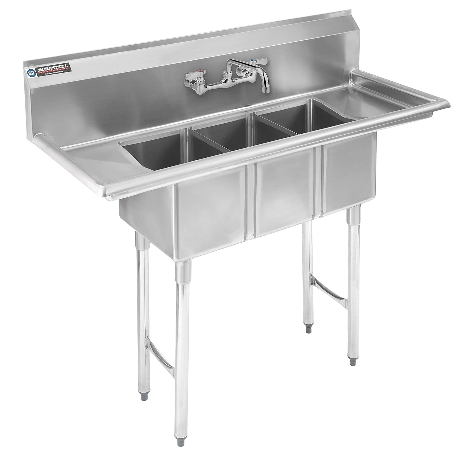 Stainless Steel Kitchen Sink with Faucet - DuraSteel 3 Compartment Commercial Sink w/ Double Drainboards - Triple 10" x 14" x 10" Bowl Size