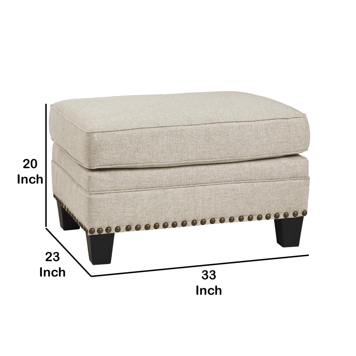 Nailhead Trim Fabric Upholstered Wooden Frame Ottoman Light Gray- Saltoro Sherpi