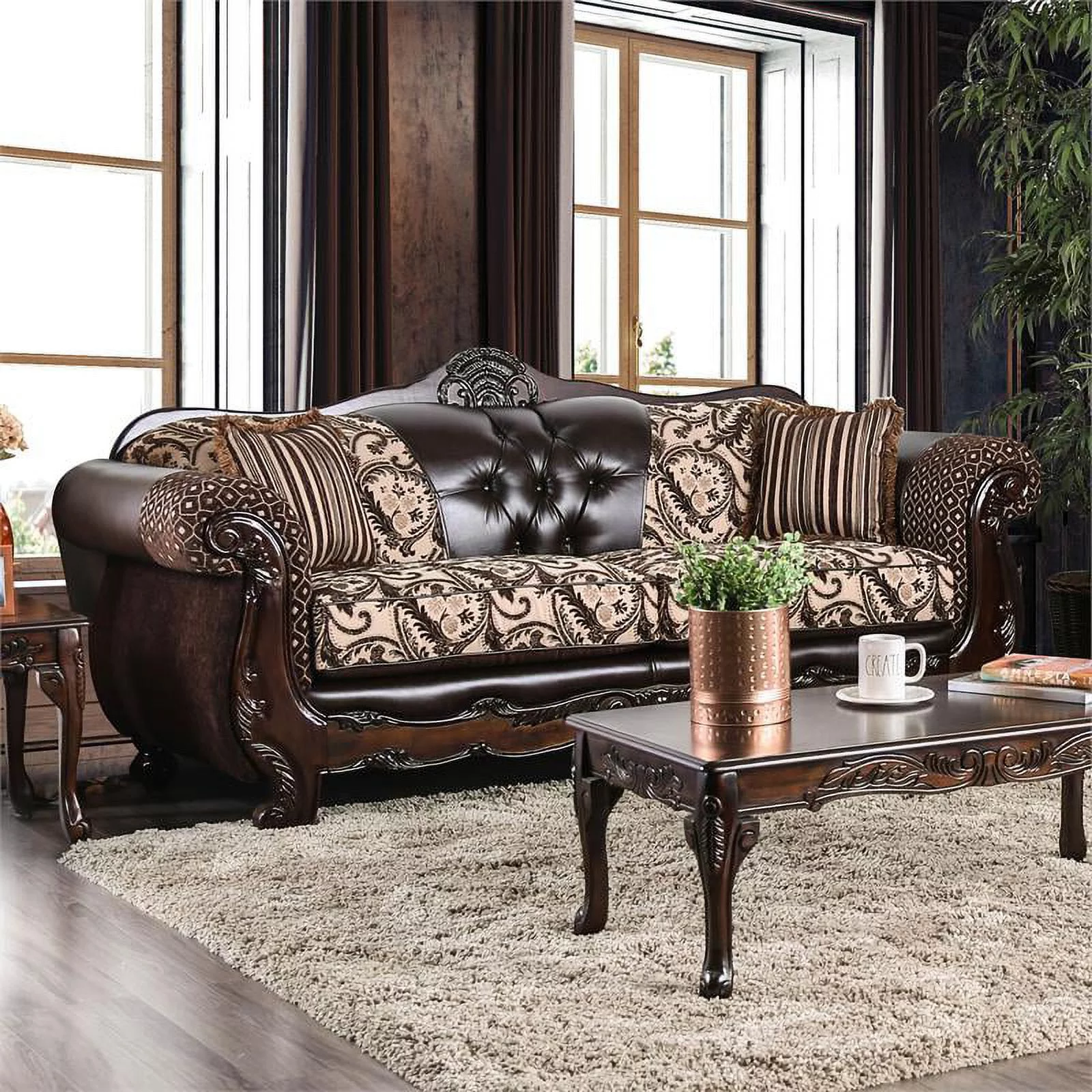 Bowery Hill Contemporary Faux Leather 2-Piece Sofa Set in Brown