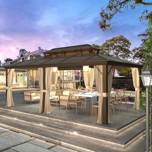 YOLENY 10'x13' Hardtop Gazebo, Outdoor Polycarbonate Double Roof Canopy, Aluminum Frame Permanent Pavilion with Curtains and Netting