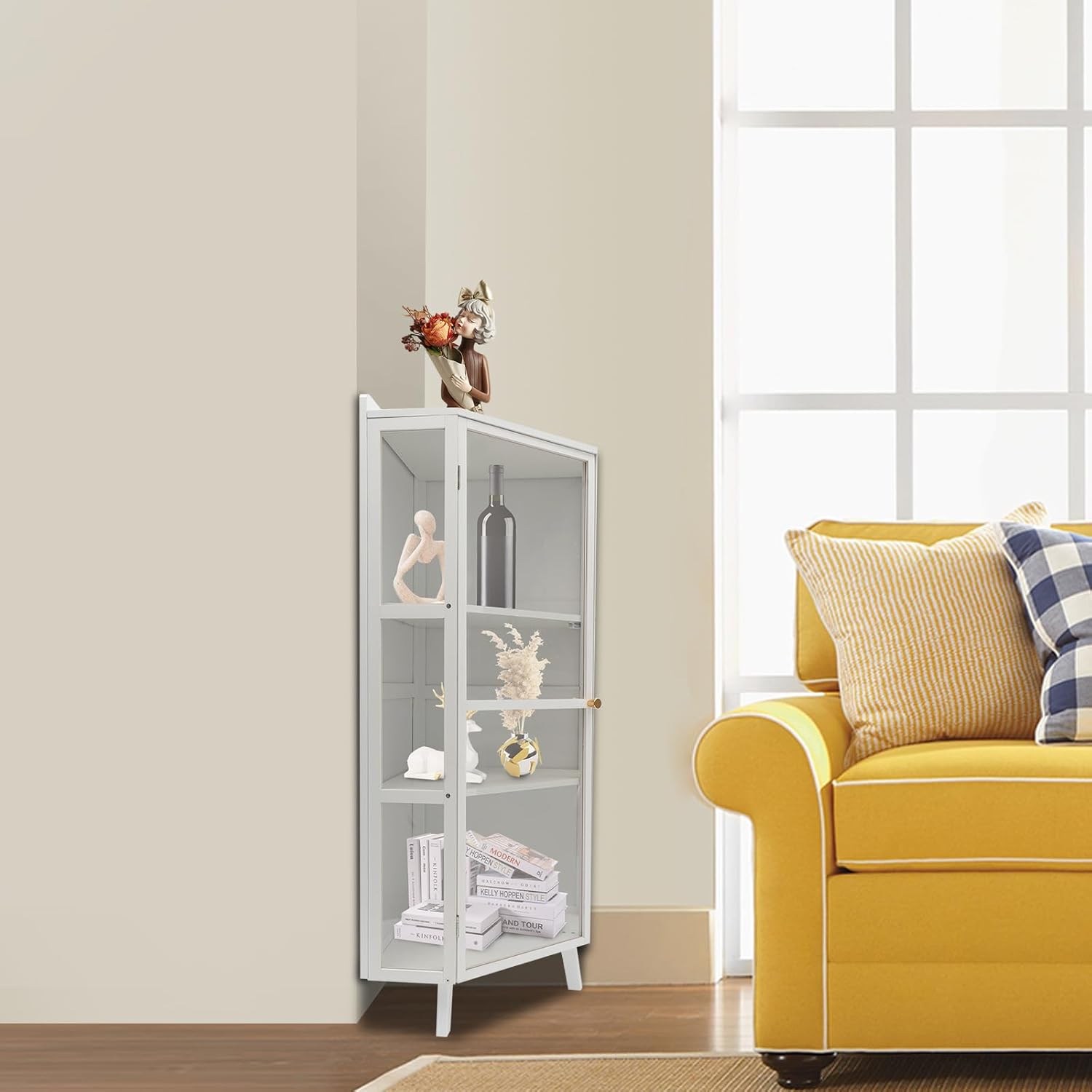 Tall Corner Storage Cabinet Modern Freestanding Corner Shelves Farmhouse 3-Tier Corner Bookshelf Stand Storage Rack with Clear Door Home Space Saver