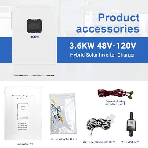 3600W Solar Inverter Charger, DC 48V to AC 110V Hybrid Inverter with Built-in 80A MPPT Controller, Pure Sine Wave PV Power Converter